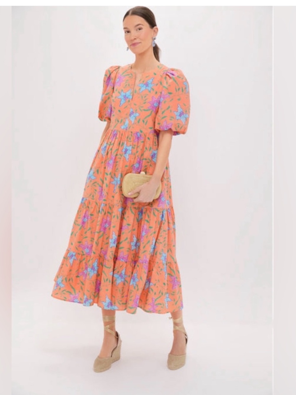 Tuckernuck Coral Floral Maxi Dress with Blue and Pink Blooms
